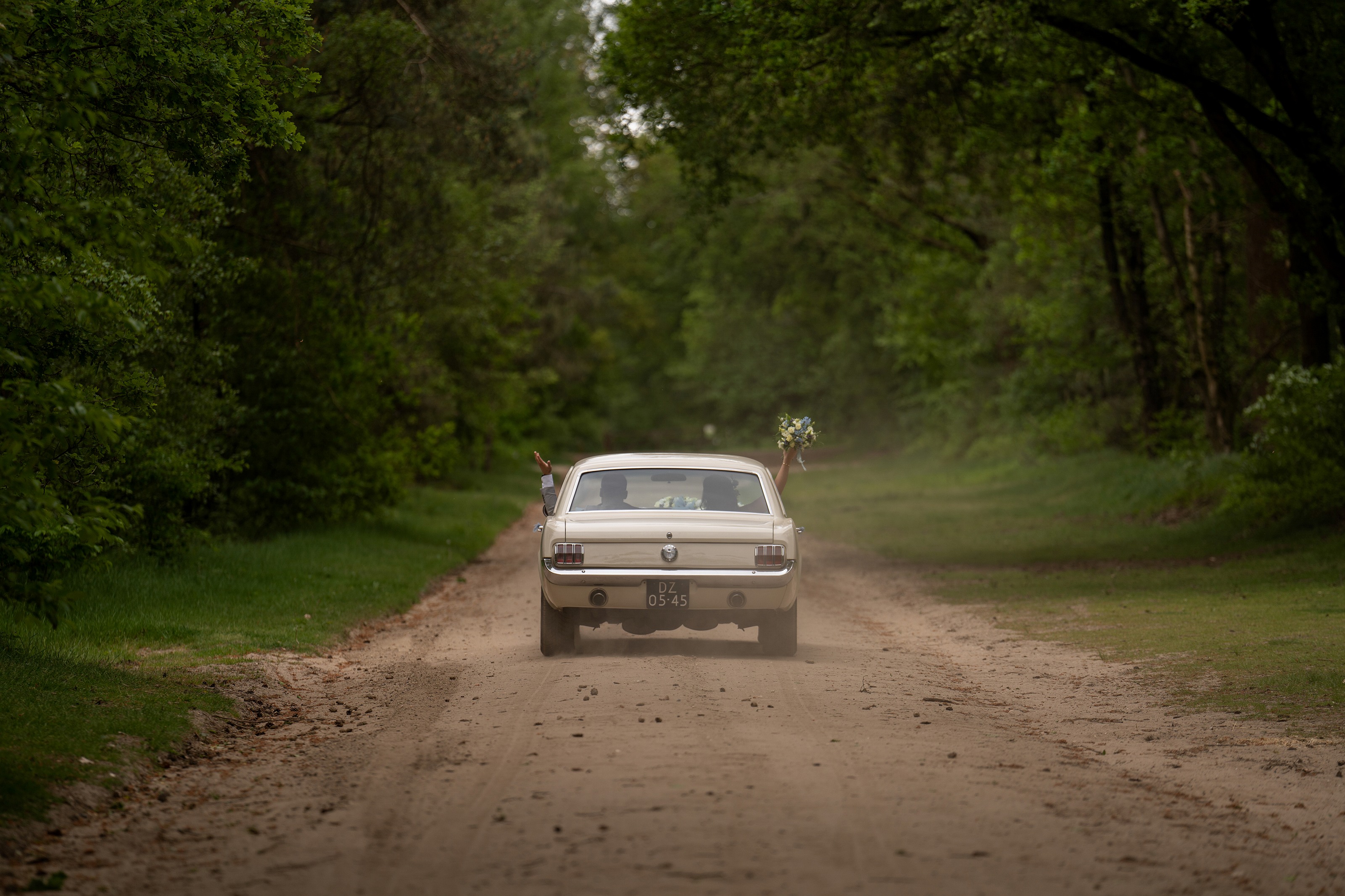 Klassieke Mustang rijdt weg over een zandweg, boeket uit het raam